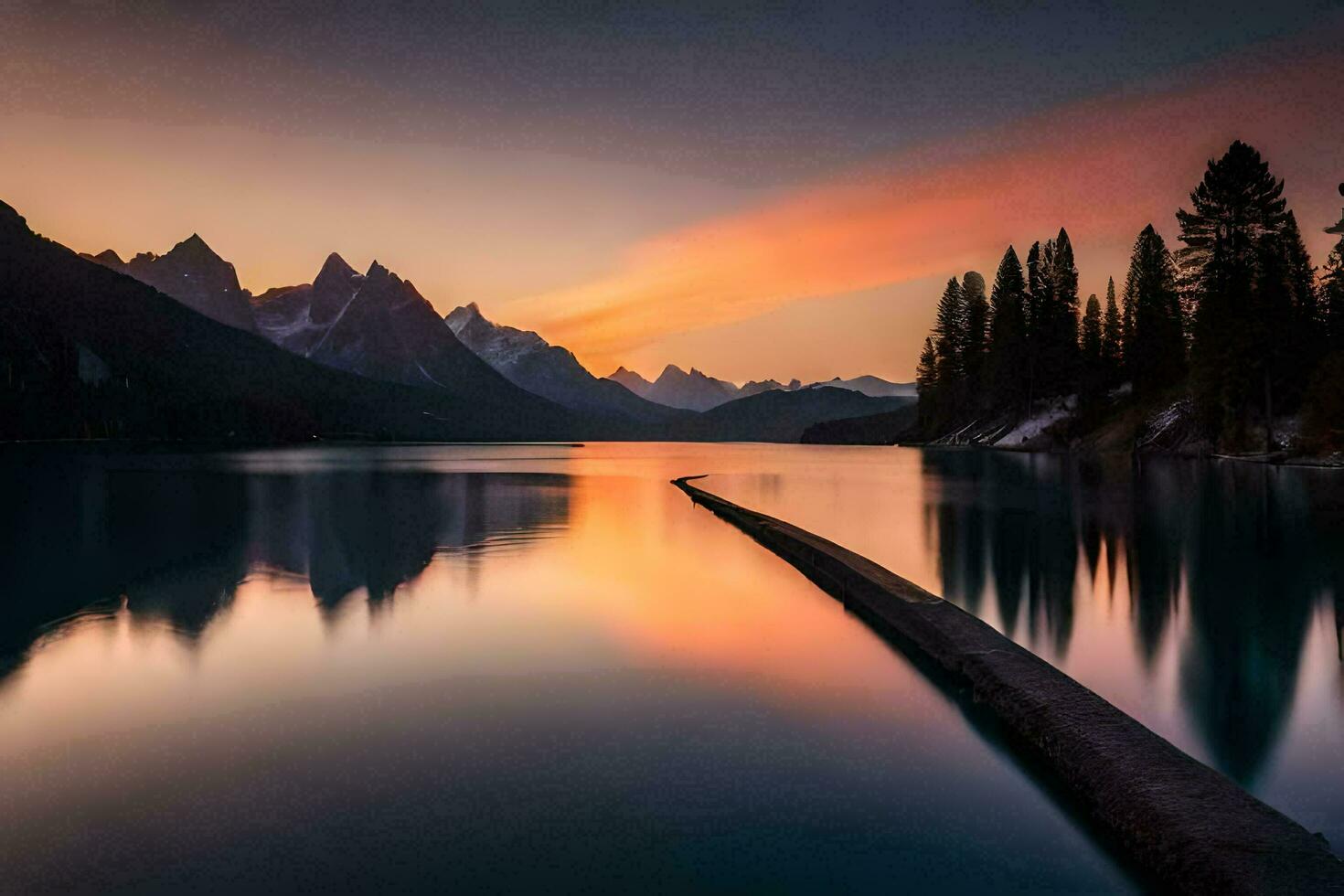 uma lindo pôr do sol sobre uma lago com montanhas dentro a fundo. gerado por IA foto