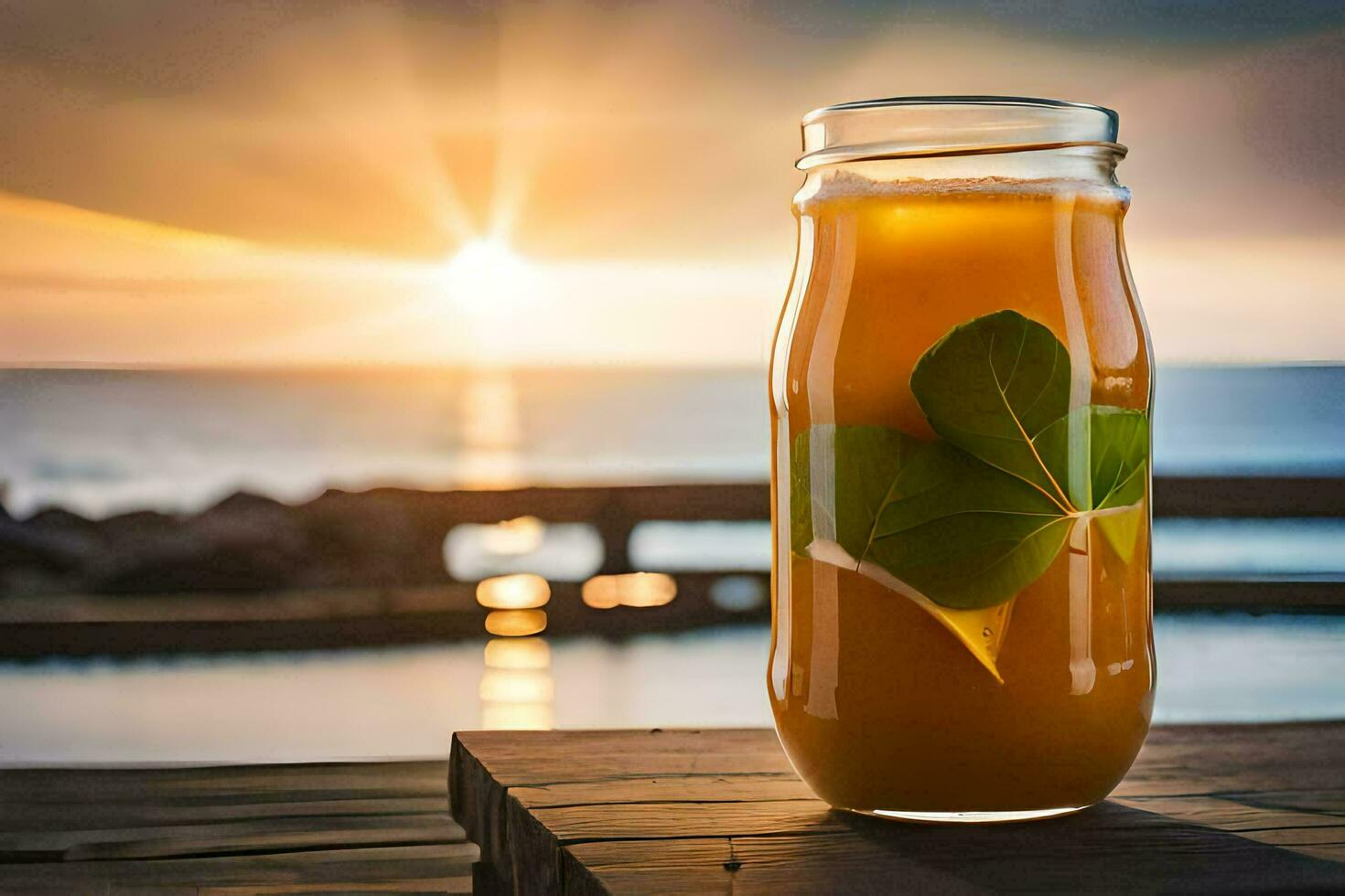 uma vidro do laranja suco em uma de madeira mesa dentro frente do a oceano. gerado por IA foto