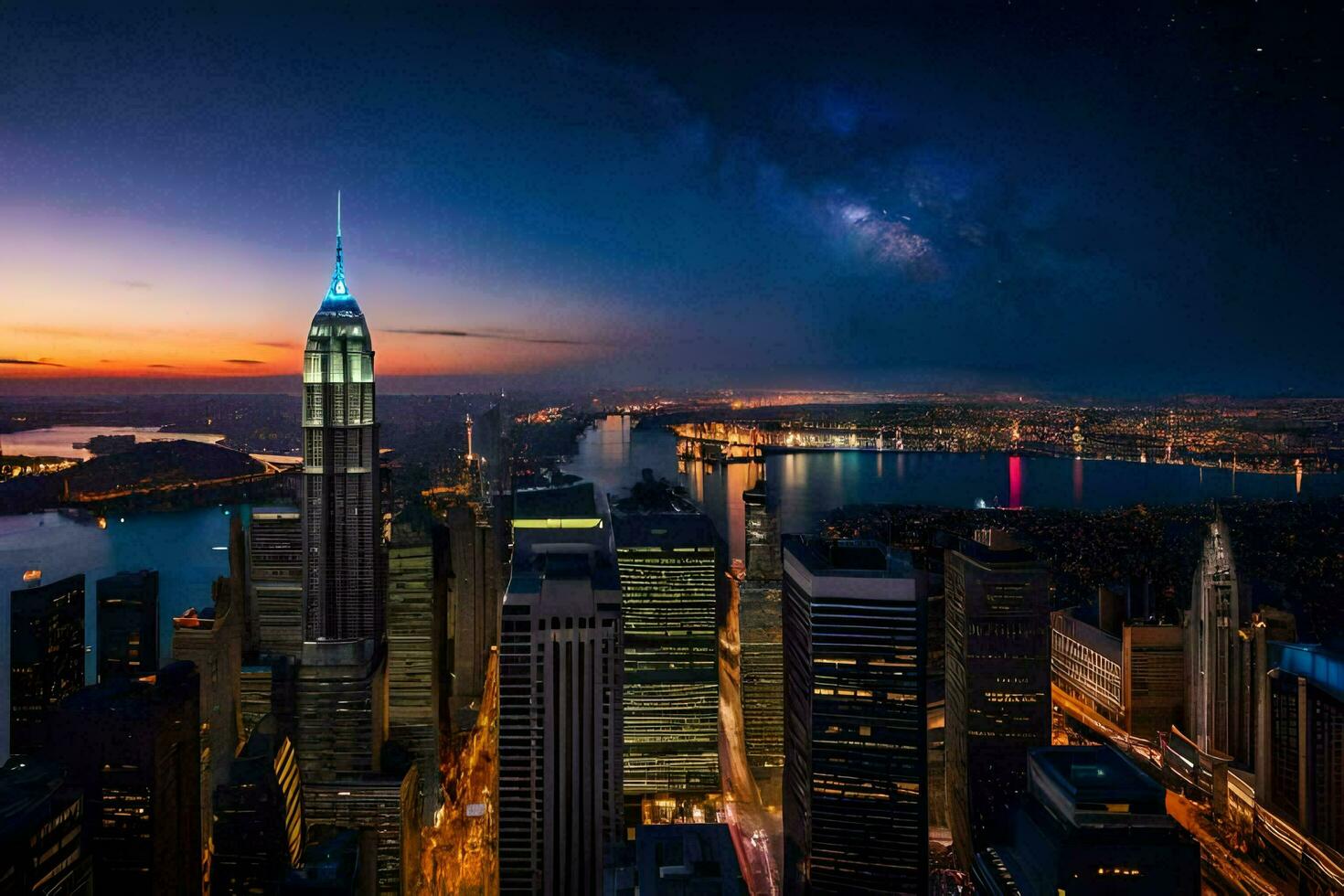 a cidade Horizonte às noite com a leitoso dentro a céu. gerado por IA foto