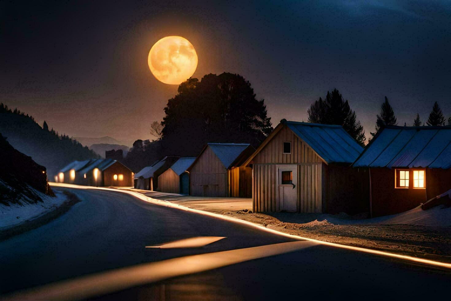 uma cheio lua é brilhando sobre uma estrada dentro a neve. gerado por IA foto