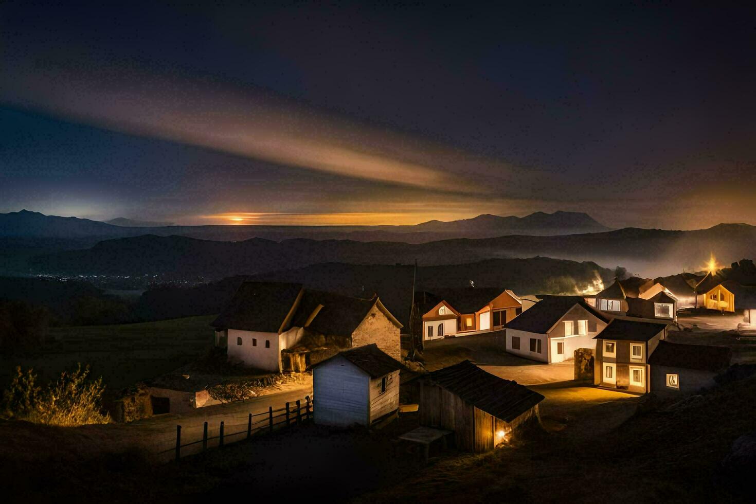 foto papel de parede a céu, montanhas, noite, Vila, lua, luz, luz, luz,. gerado por IA