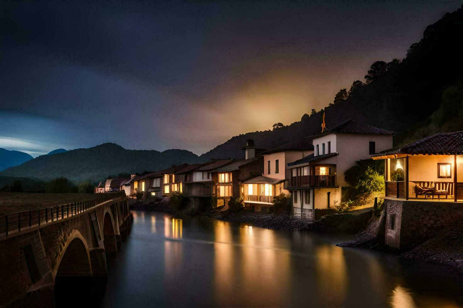 foto papel de parede a céu, ponte, casas, a escuro, a rio, a montanhas, o. gerado por IA