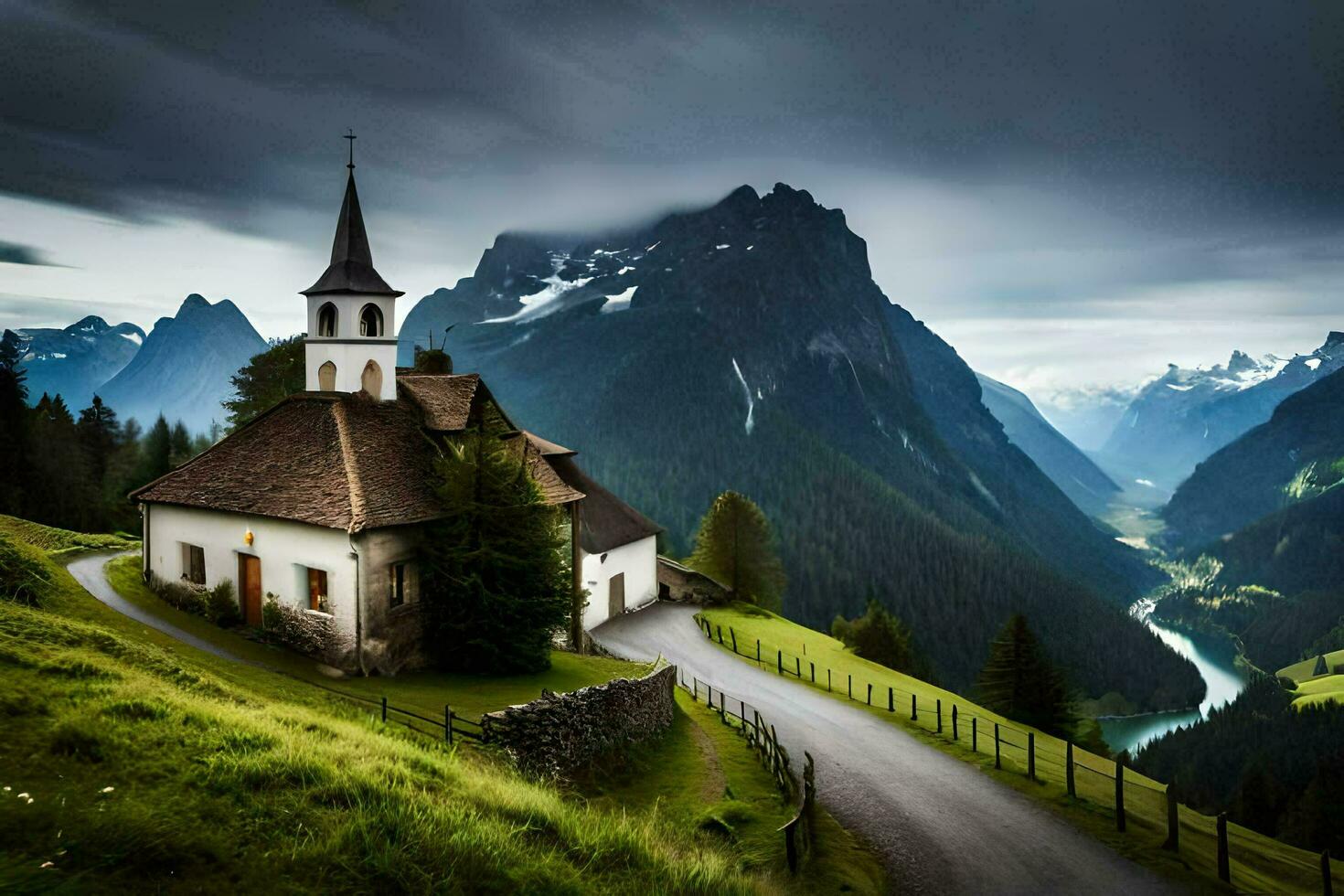 uma Igreja dentro a montanhas com uma estrada conduzindo para isto. gerado por IA foto