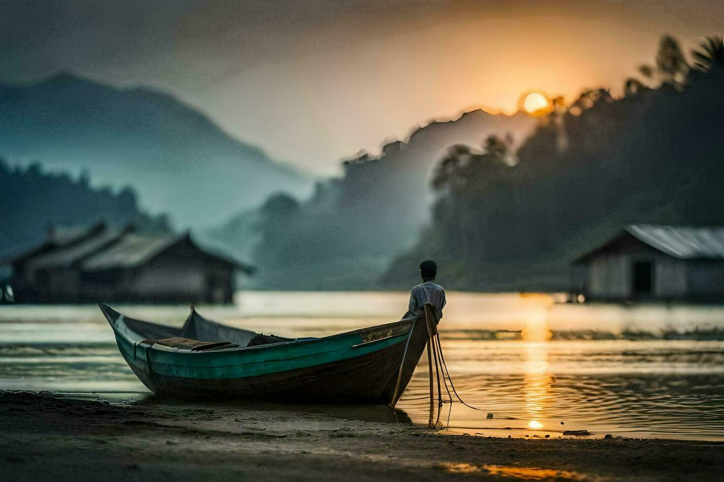 uma homem carrinhos em a costa do uma lago às pôr do sol. gerado por IA foto