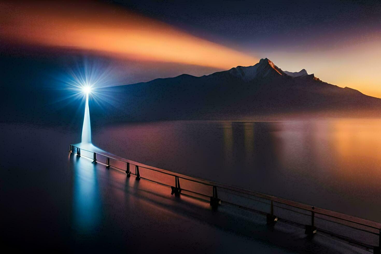 uma farol carrinhos dentro a meio do uma lago às pôr do sol. gerado por IA foto