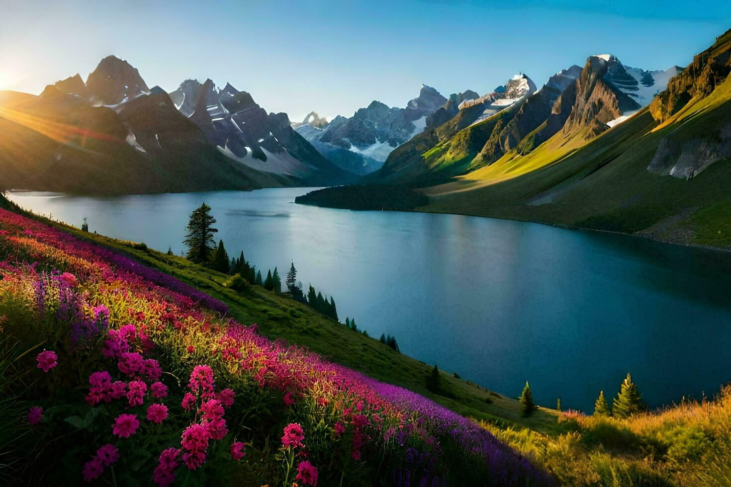 a Sol sobe sobre uma lago e flores dentro a montanhas. gerado por IA foto