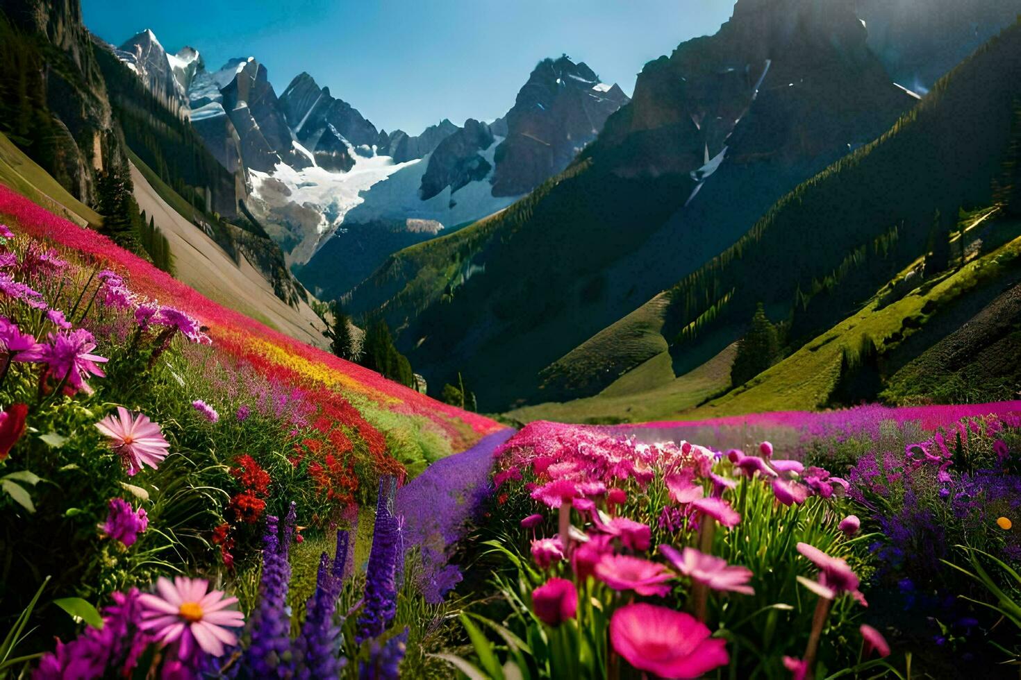 uma campo do flores e montanhas dentro a fundo. gerado por IA foto