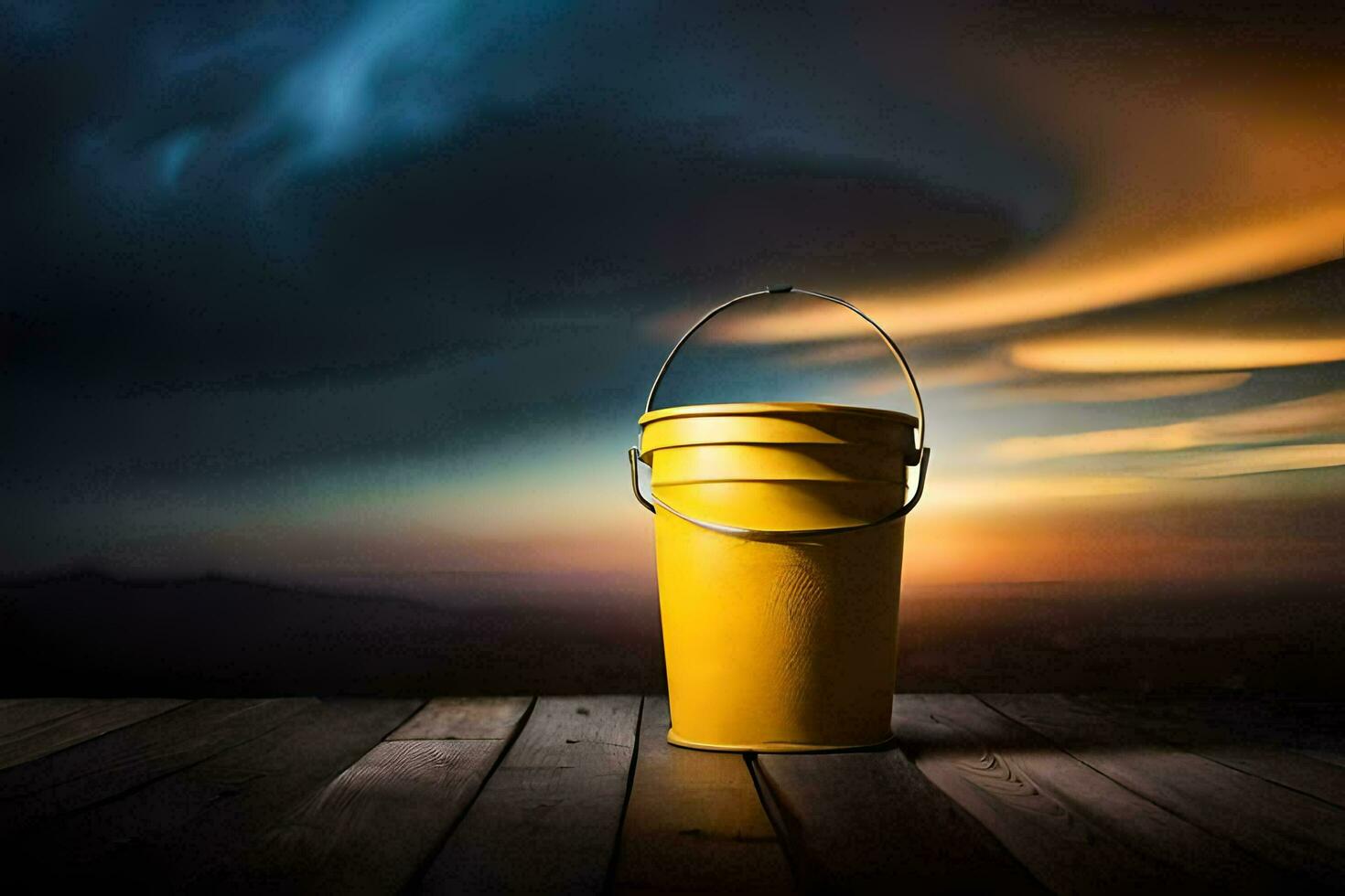 uma amarelo balde em uma de madeira mesa com uma tormentoso céu dentro a fundo. gerado por IA foto