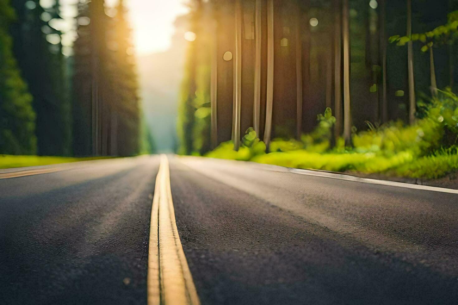 uma estrada dentro a madeiras com árvores e Sol. gerado por IA foto