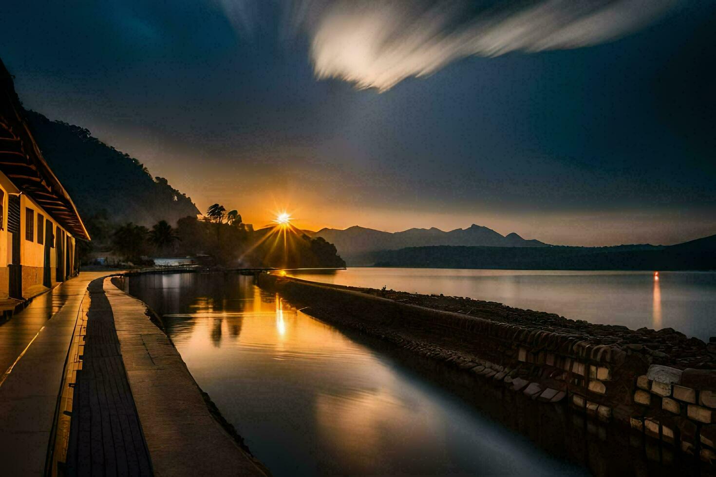 uma trem estação às pôr do sol com montanhas dentro a fundo. gerado por IA foto