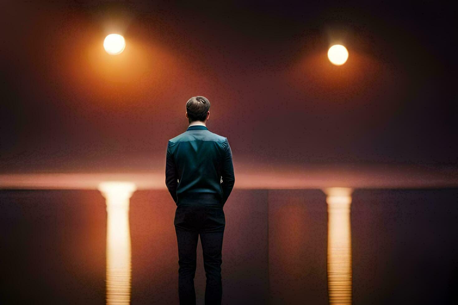 uma homem em pé dentro frente do uma lago às noite. gerado por IA foto