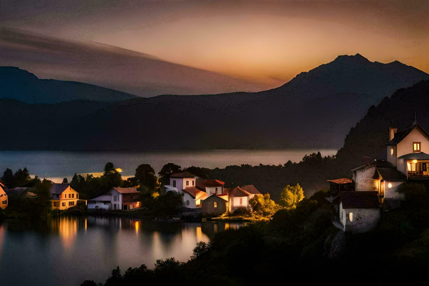 uma Vila senta em a Beira do uma lago às pôr do sol. gerado por IA foto