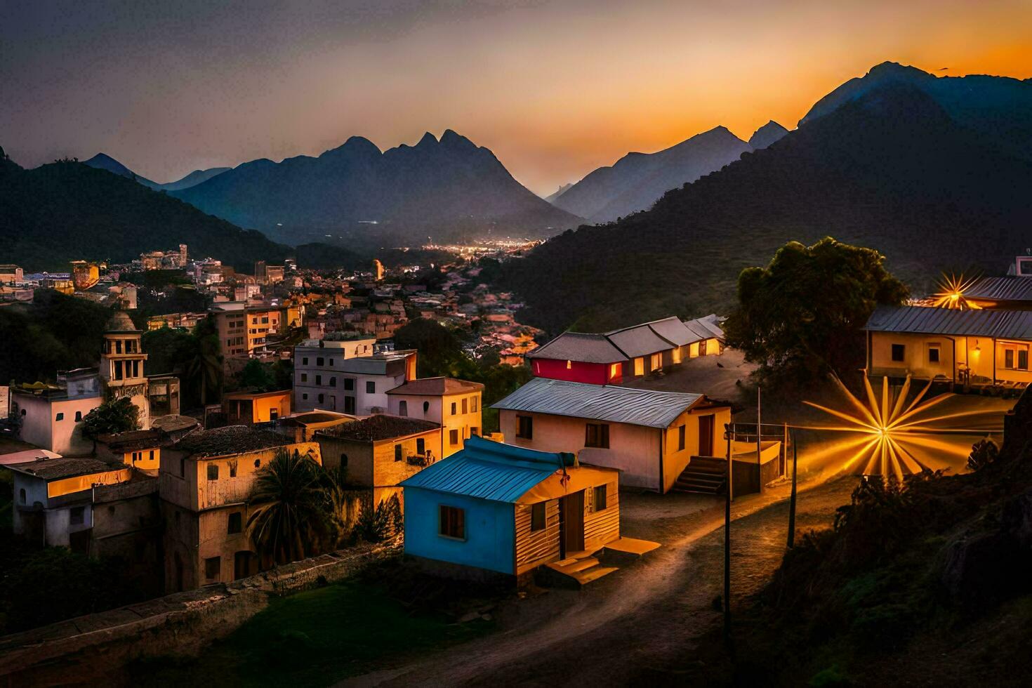 uma Vila às pôr do sol dentro a montanhas. gerado por IA foto