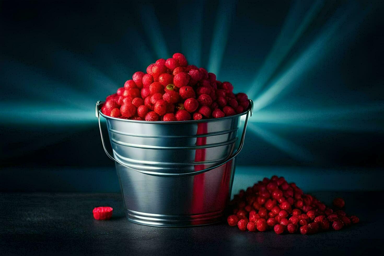 uma balde preenchidas com vermelho bagas em uma Sombrio mesa. gerado por IA foto