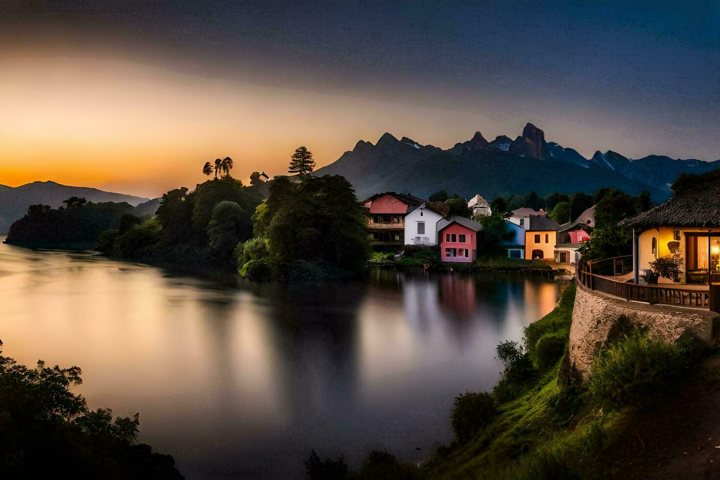 uma lindo pôr do sol sobre uma lago e casas. gerado por IA foto