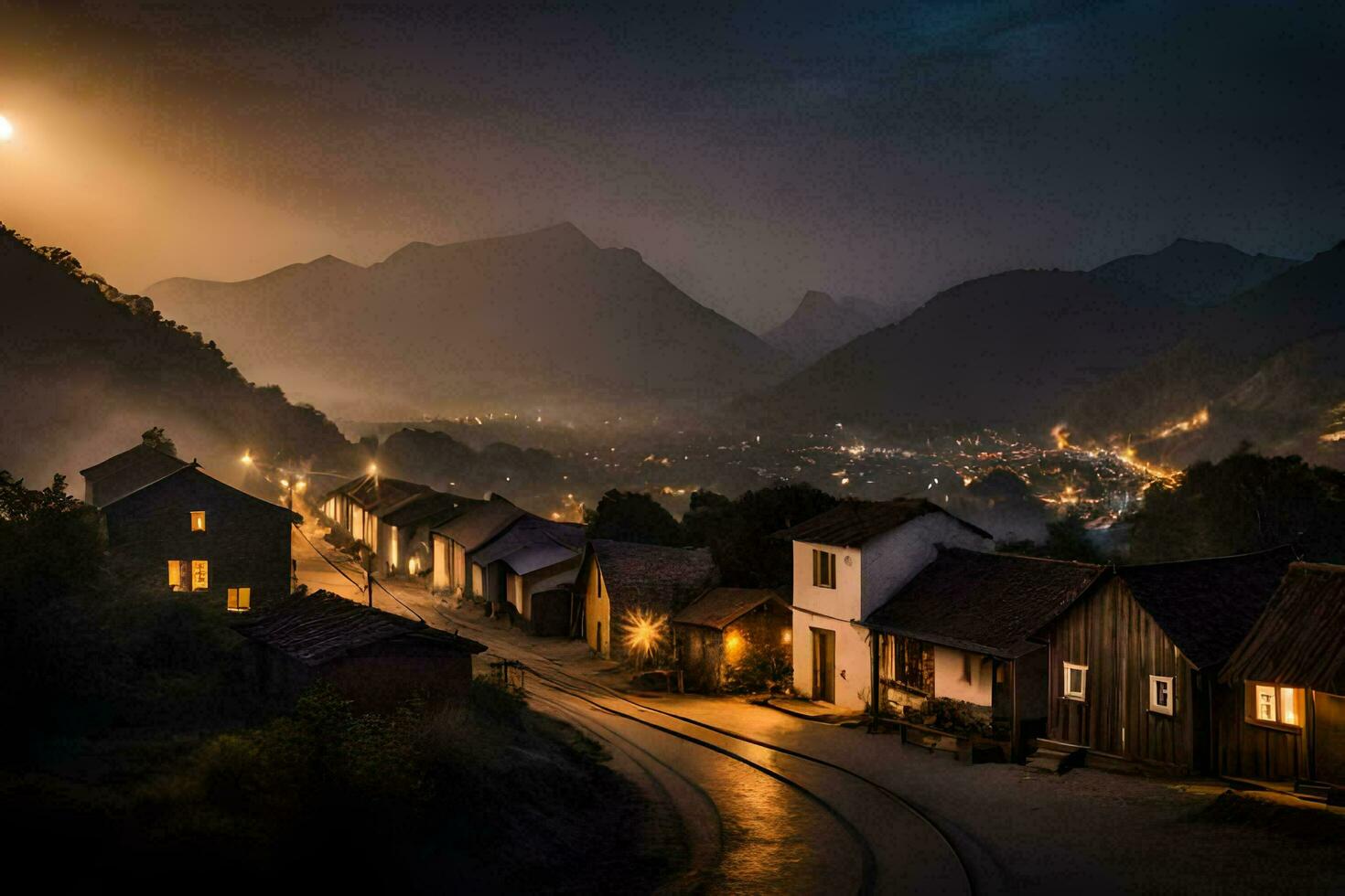 foto papel de parede a céu, montanhas, noite, a Vila, Noruega, a lua, o. gerado por IA