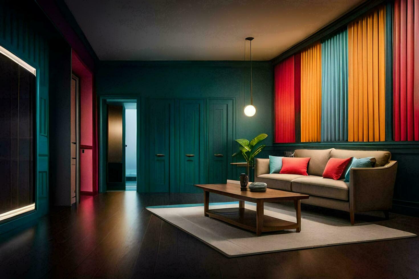 uma vivo quarto com colorida paredes e uma sofá. gerado por IA foto