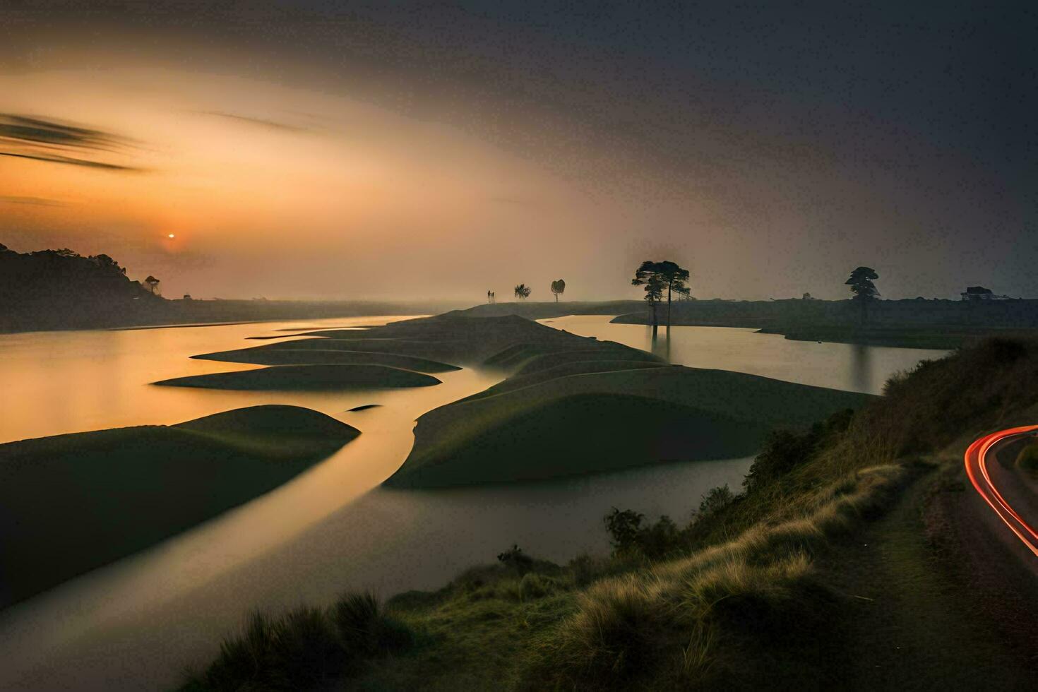 uma carro drives ao longo uma estrada às pôr do sol. gerado por IA foto