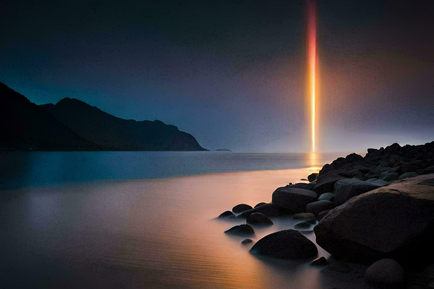 uma grandes linha do luz brilha sobre a água. gerado por IA foto