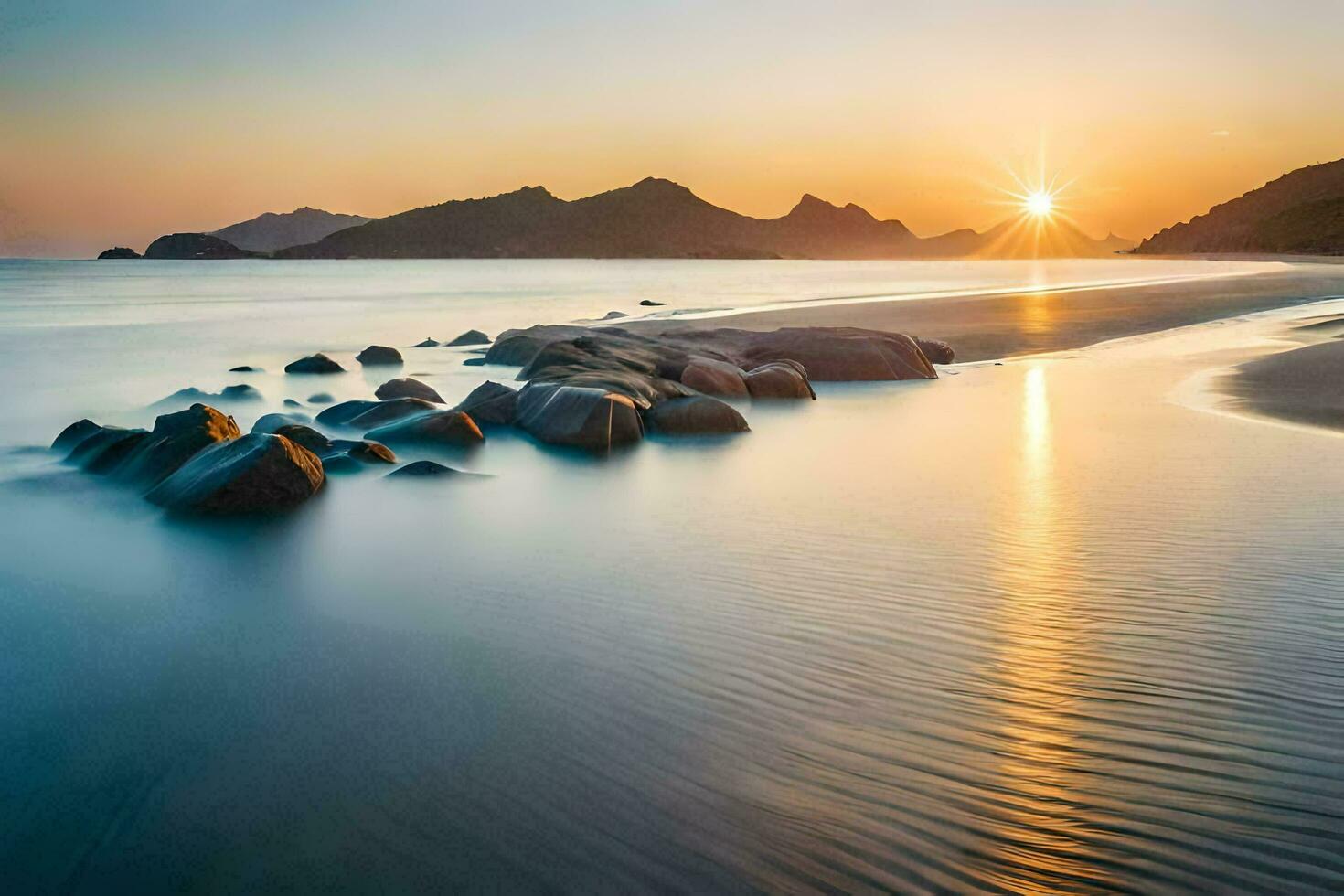 a Sol sobe sobre a oceano e pedras em a de praia. gerado por IA foto