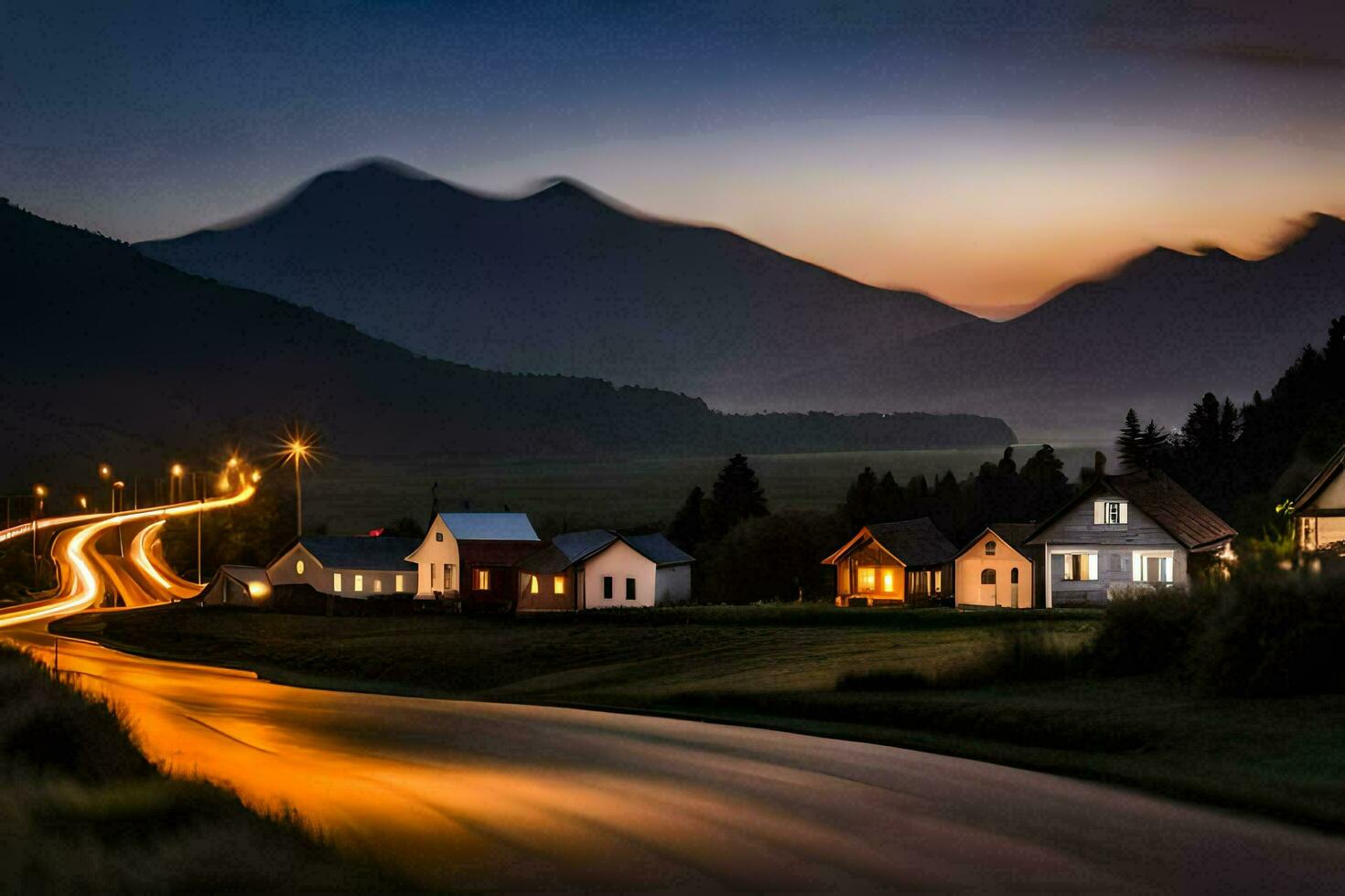 uma grandes exposição fotografia do uma estrada e casas dentro a montanhas. gerado por IA foto