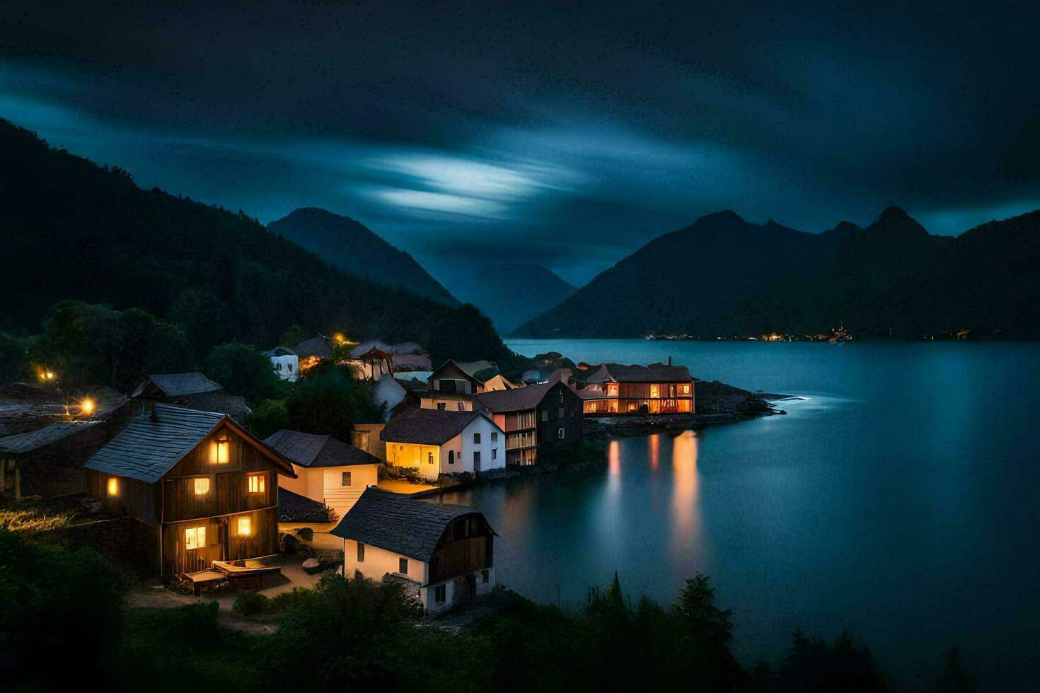 uma pequeno Vila dentro a montanhas às noite. gerado por IA foto
