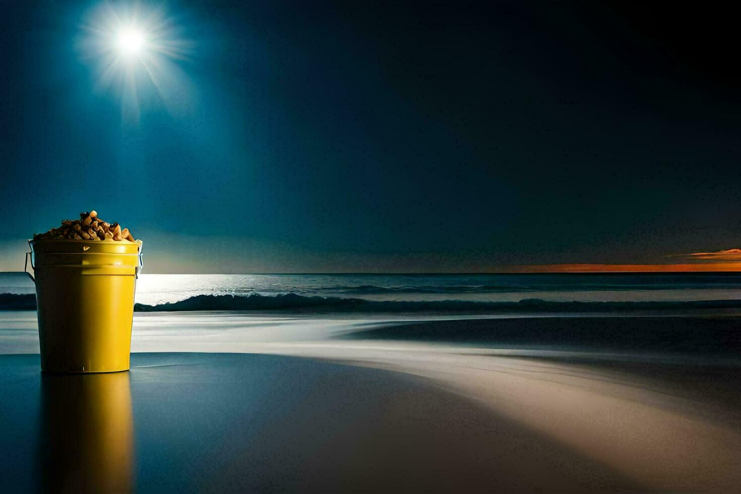 uma balde do amendoim em a de praia às noite. gerado por IA foto