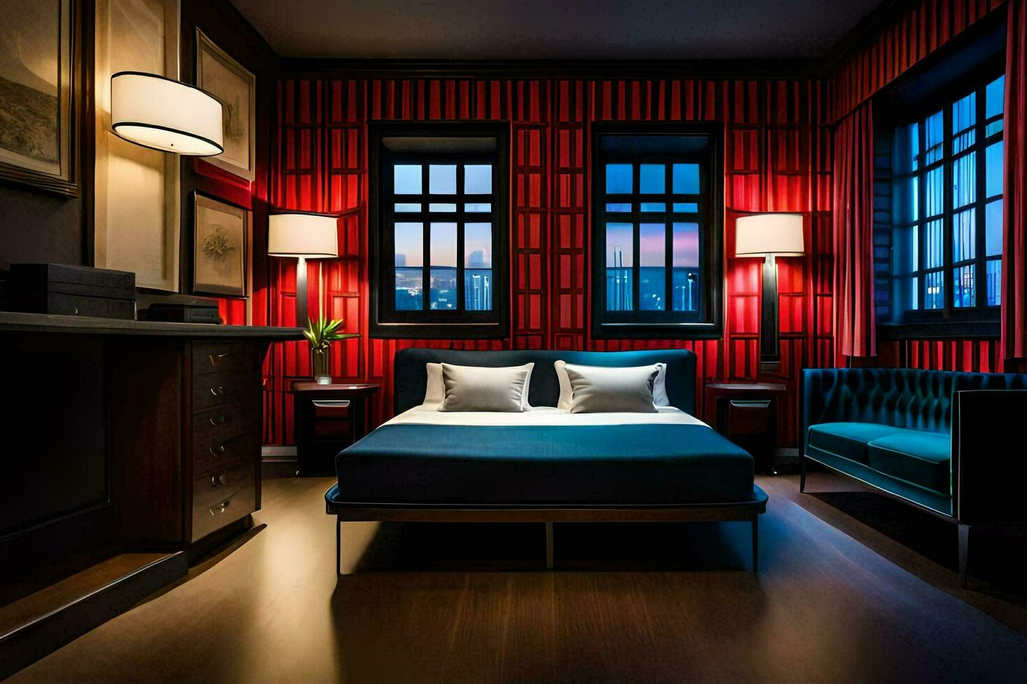 uma quarto com vermelho paredes e uma cama. gerado por IA foto