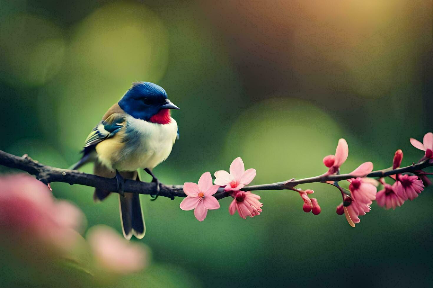 uma pássaro senta em uma ramo com Rosa flores gerado por IA foto