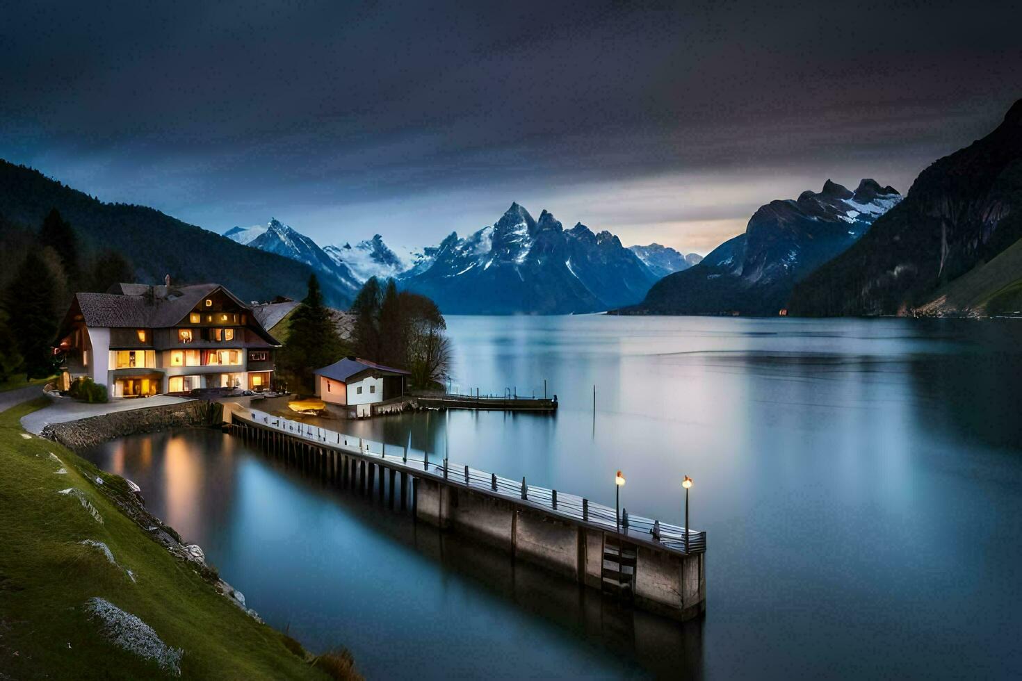 uma casa em a lago às crepúsculo com montanhas dentro a fundo. gerado por IA foto