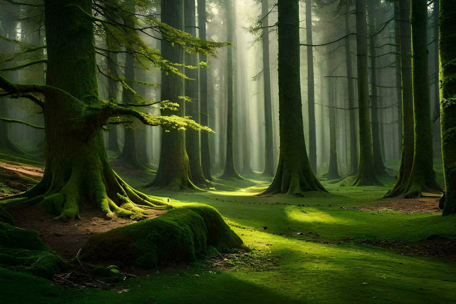 uma floresta com árvores e luz solar brilhando através. gerado por IA foto