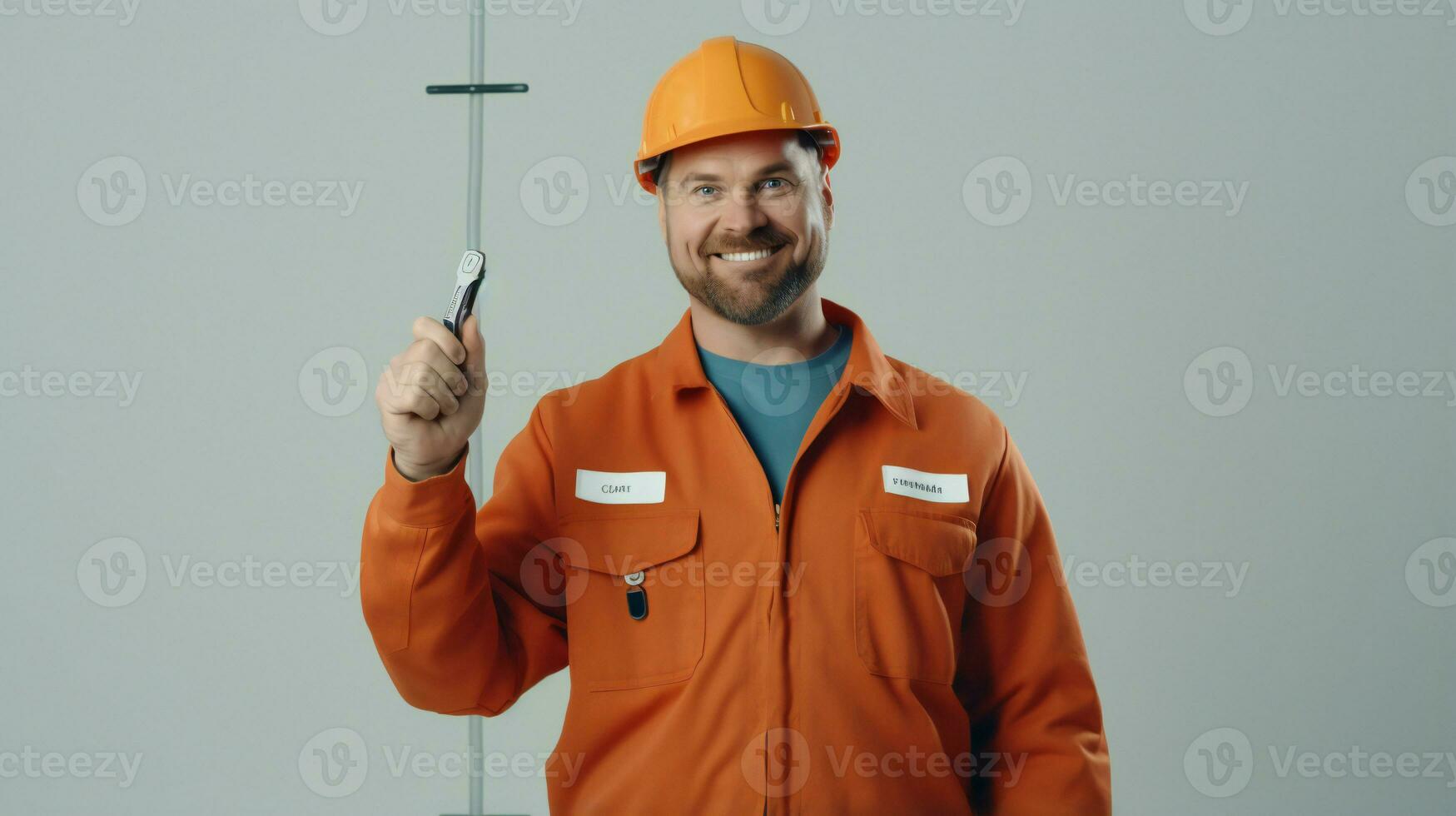 uma homem dentro a laranja uniforme segurando uma Chave de fenda ai generativo foto