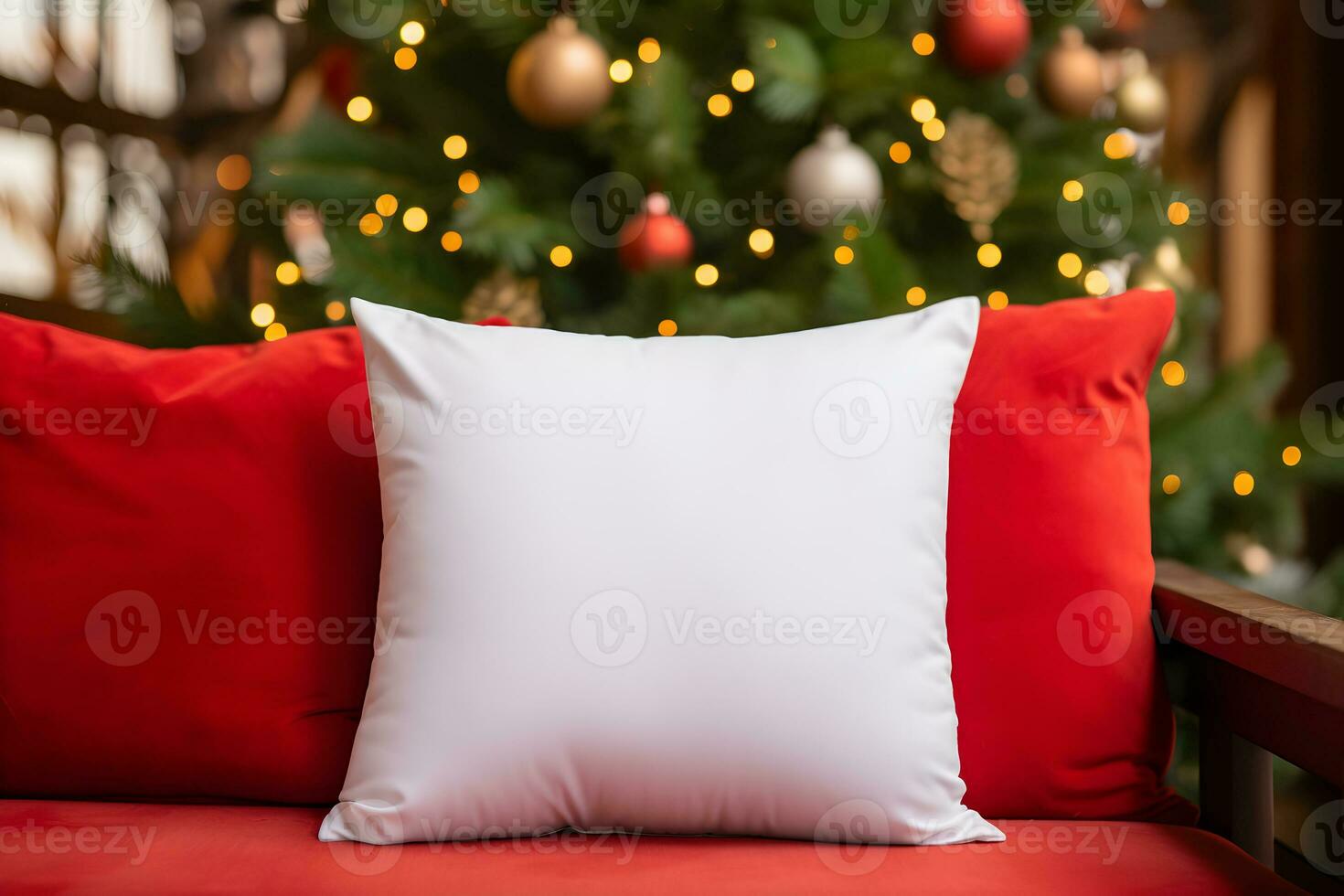 em branco branco travesseiro brincar em vermelho sofá com Natal árvore e luzes bokeh fundo. feriado modelo composição com decoração. cópia de espaço. foto