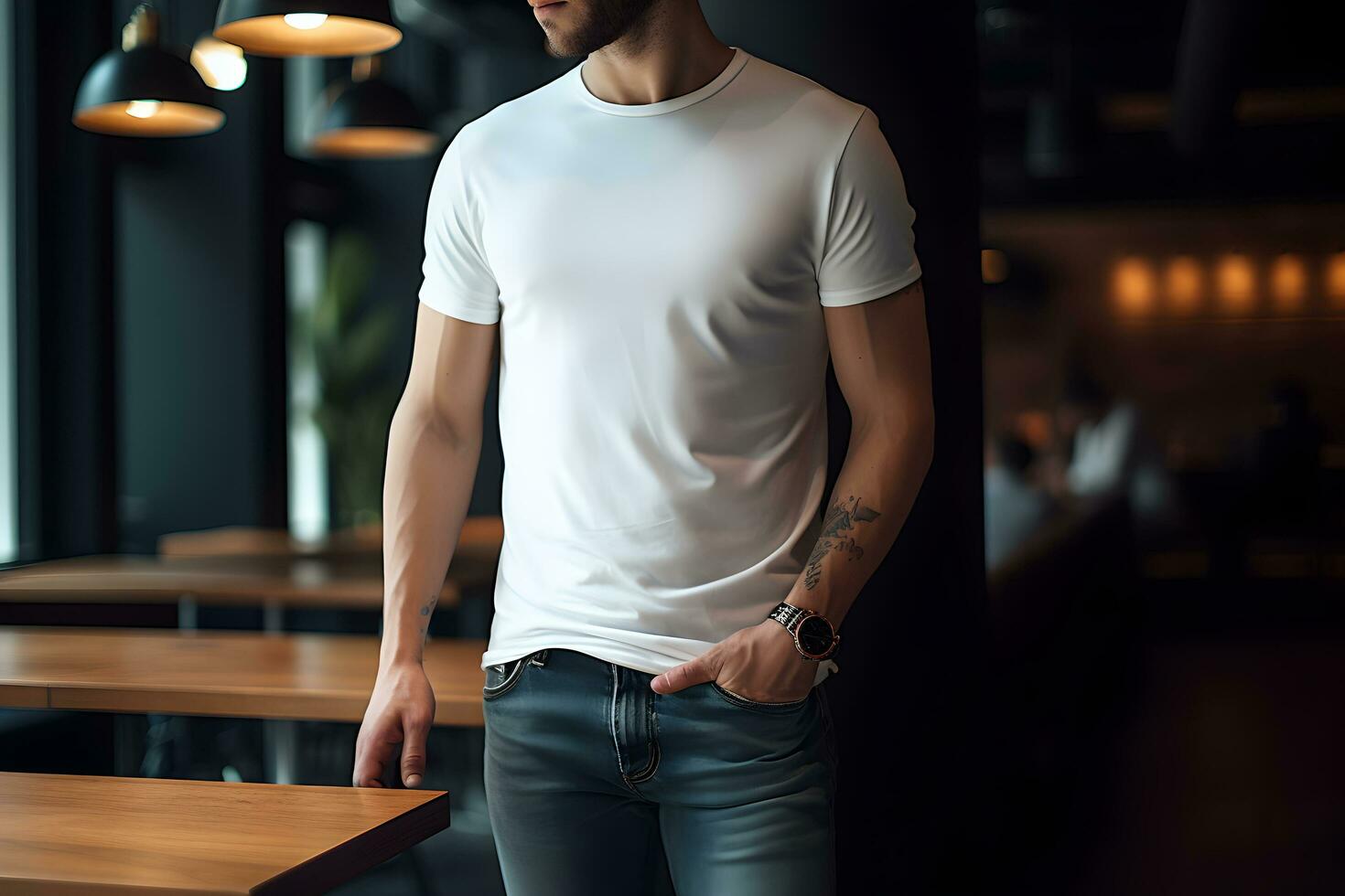 jovem homem vestindo Bella tela de pintura branco t camisa e jeans, às uma acolhedor restaurante em verões dia. Projeto camiseta modelo, impressão apresentação brincar. ai gerado. foto