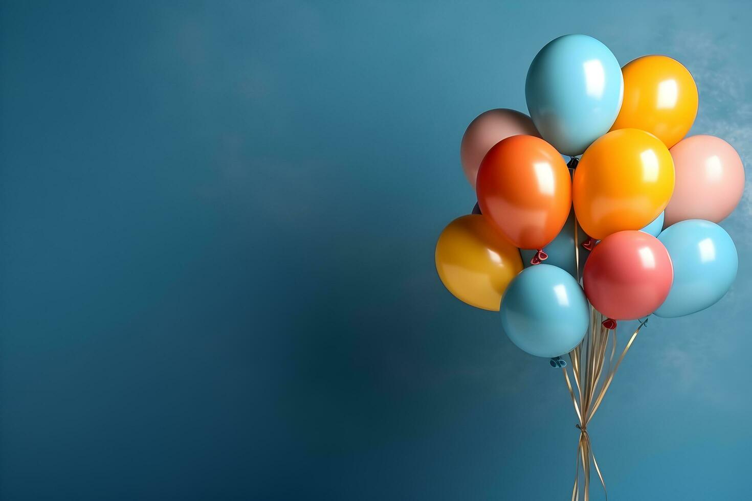 colorida balões grupo amarrado em uma azul parede fundo com cópia de espaço. aniversário, casamento, festa ou celebração conceito. gerado ai. foto