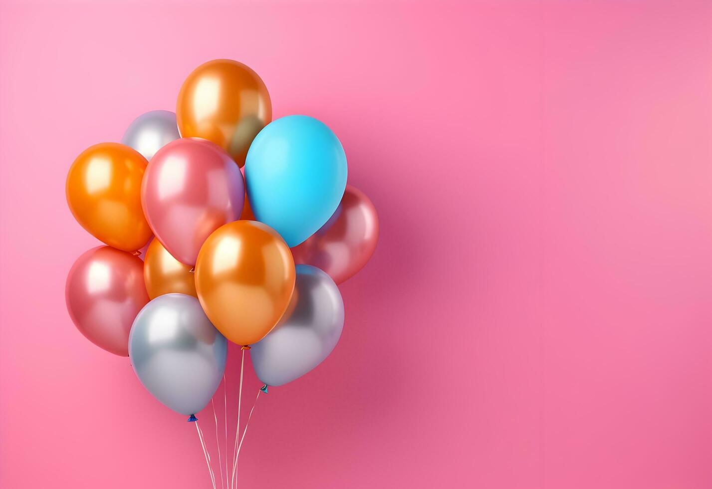 colorida balões grupo amarrado em uma Rosa parede fundo com cópia de espaço. aniversário, casamento, festa ou celebração conceito. gerado ai. foto