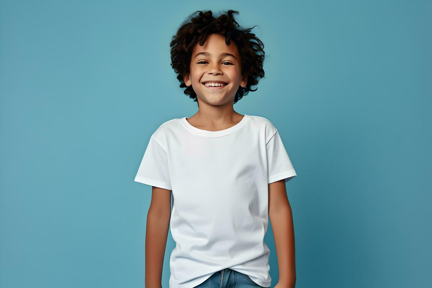 masculino criança, Garoto vestindo Bella tela de pintura branco camisa brincar, às azul fundo. Projeto camiseta modelo, impressão apresentação brincar. ai gerado. foto