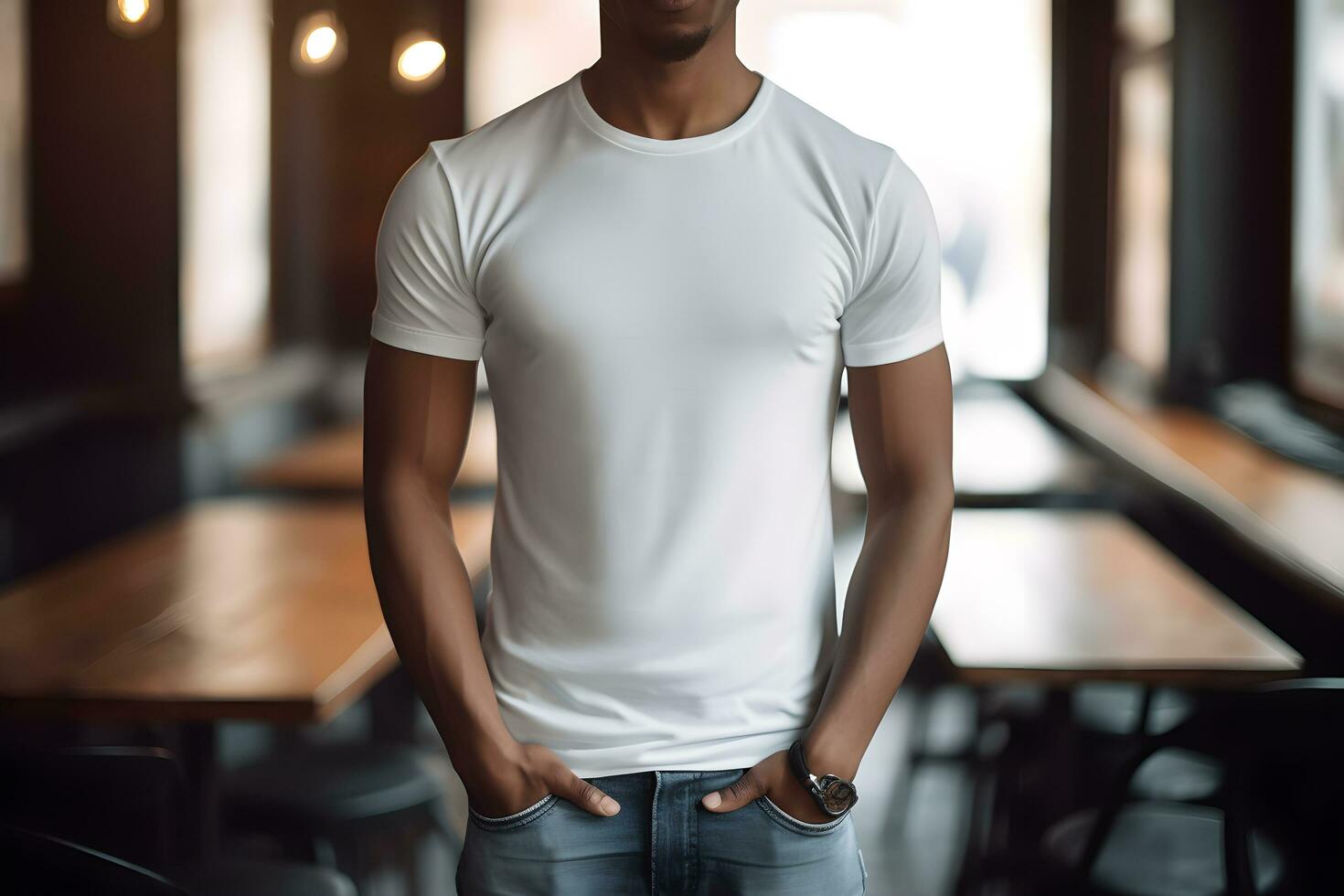 jovem homem vestindo Bella tela de pintura branco t camisa e jeans, às uma acolhedor restaurante em verões dia. Projeto camiseta modelo, impressão apresentação brincar. ai gerado. foto