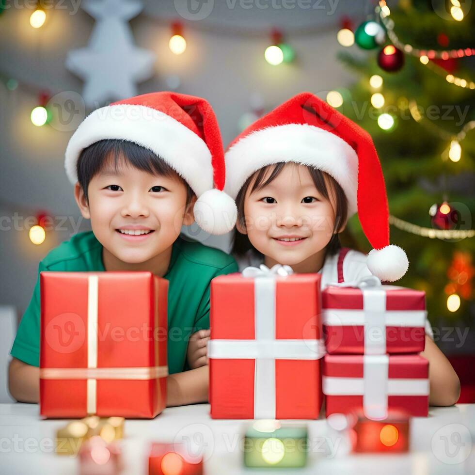 feliz criança com uma Natal presente caixas com uma decorado Natal árvore dentro uma quarto - gerado imagem foto