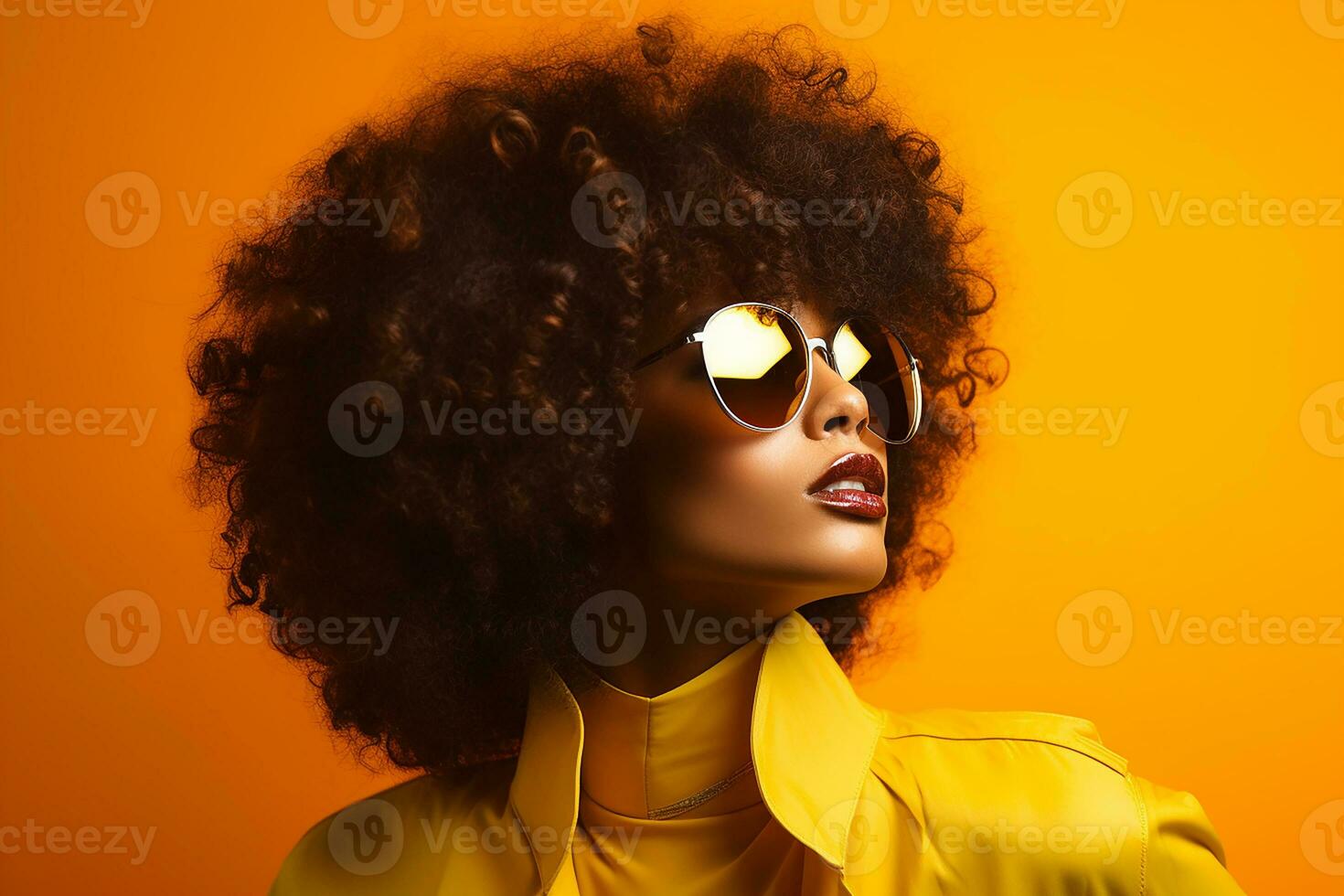 ai gerado estúdio retrato do uma lindo Preto pele africano mulher dentro oculos de sol em diferente cores fundo foto