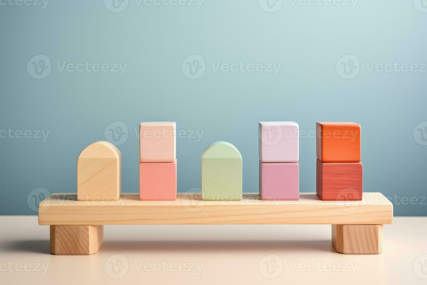 uma minimalista de madeira criança brinquedo conjunto isolado em uma pastel gradiente fundo foto