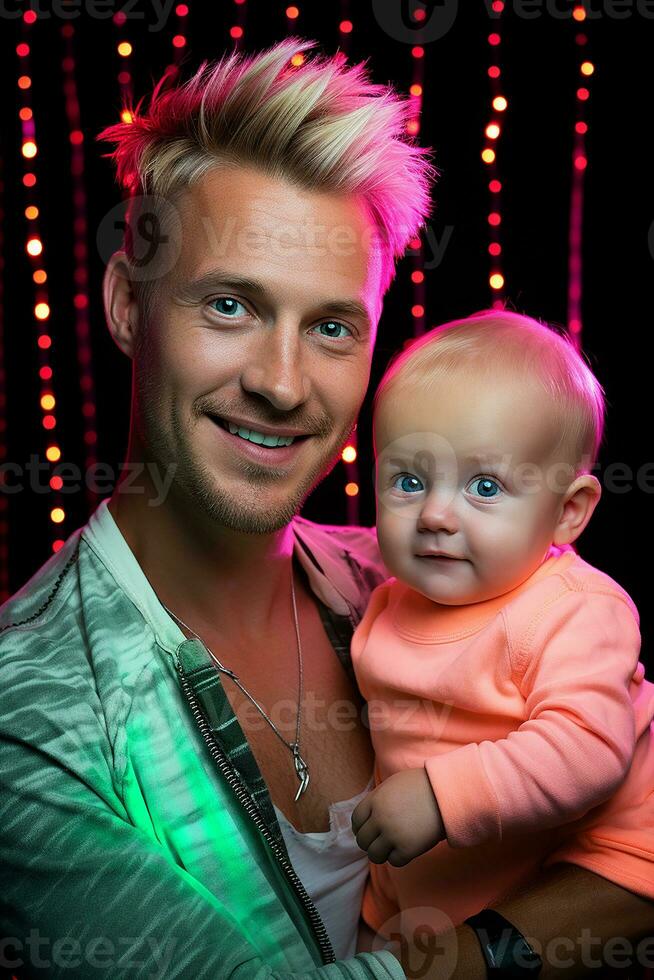 ai gerado estúdio retrato do bonito homem segurando infantil bebê dentro dele mãos em diferente cor fundo foto
