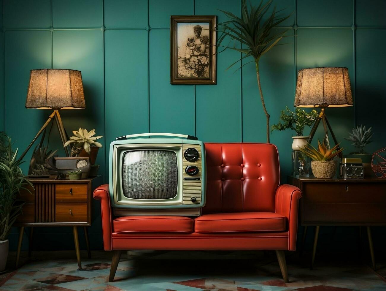 vintage televisão dentro uma velho vivo quarto com sofá e bronzeado cadeira ai generativo foto