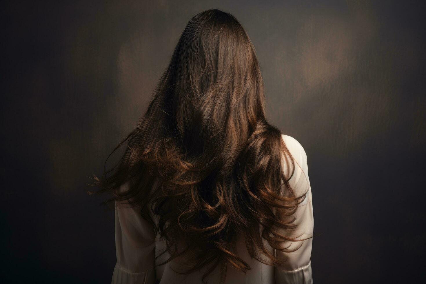 jovem mulher com grandes encaracolado cabelo em Sombrio fundo. costas visualizar, traseiro Visão do uma lindo jovem mulher com grandes cabelo. costas Visão do uma menina com vôo cabelo, ai gerado foto