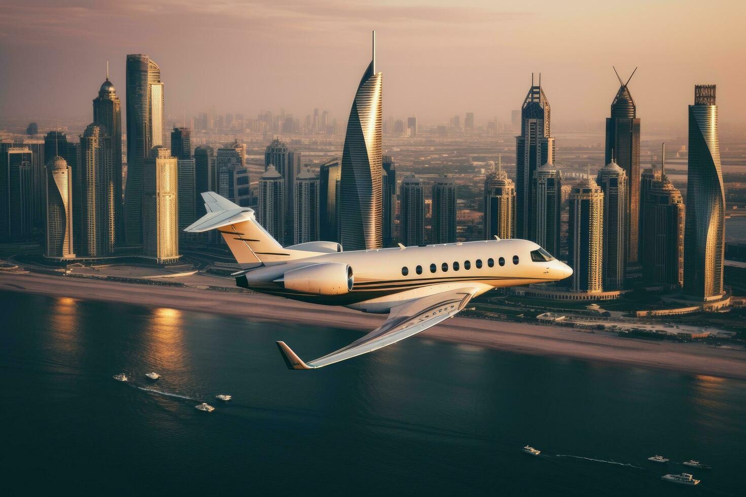 comercial avião vôo sobre arranha-céus dentro dubai, Unidos árabe emirados, privado jato avião vôo acima dubai cidade, ai gerado foto