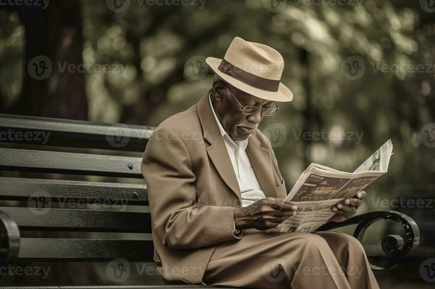 velho Preto homem lendo jornal às parque banco. gerar ai foto