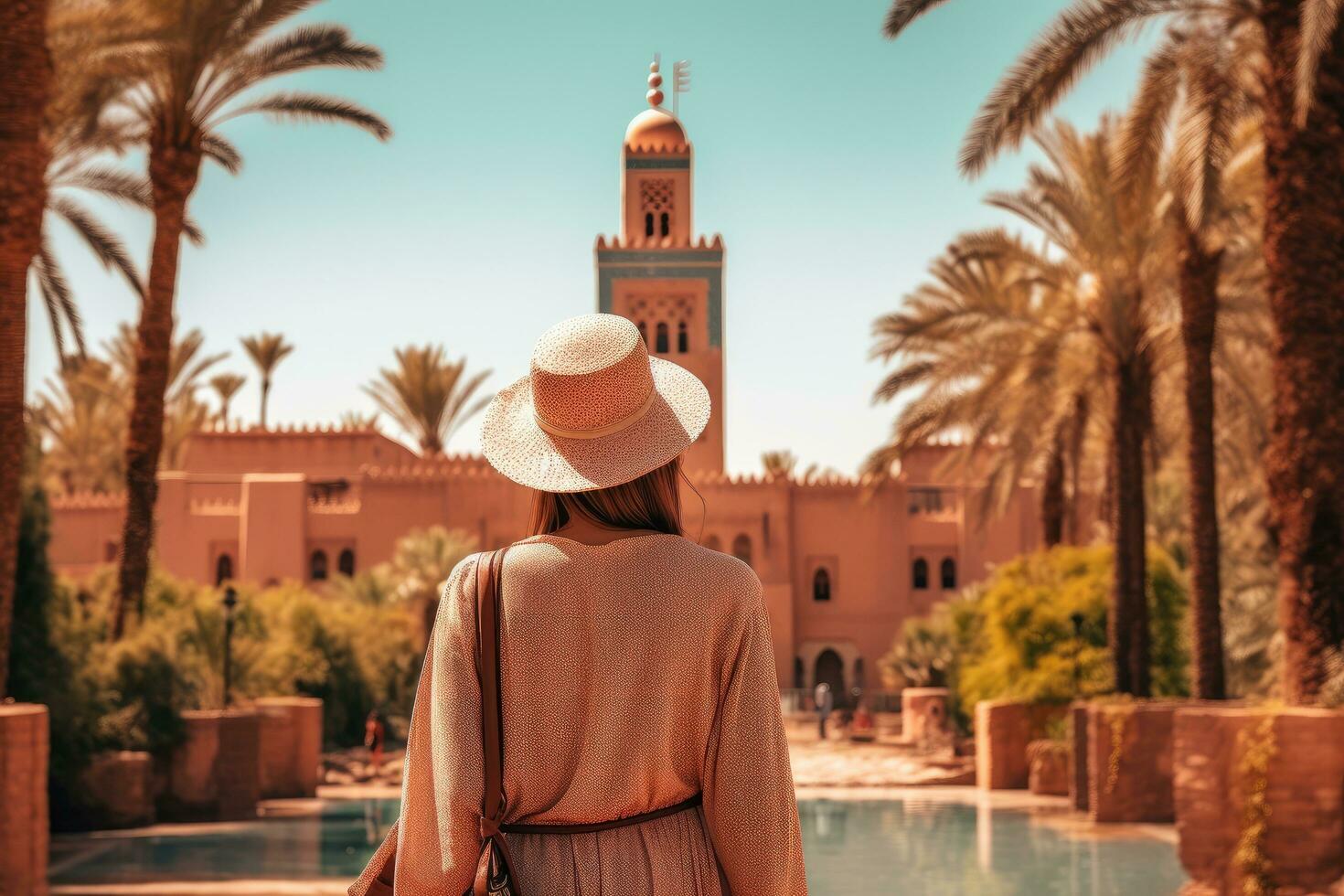 jovem mulher dentro uma Palha chapéu em a fundo do a cidade do marraquexe, Marrocos, traseiro Visão do uma mulher olhando às Koutoubia mesquita minarete-turismo dentro marraquexe, Marrocos, ai gerado foto