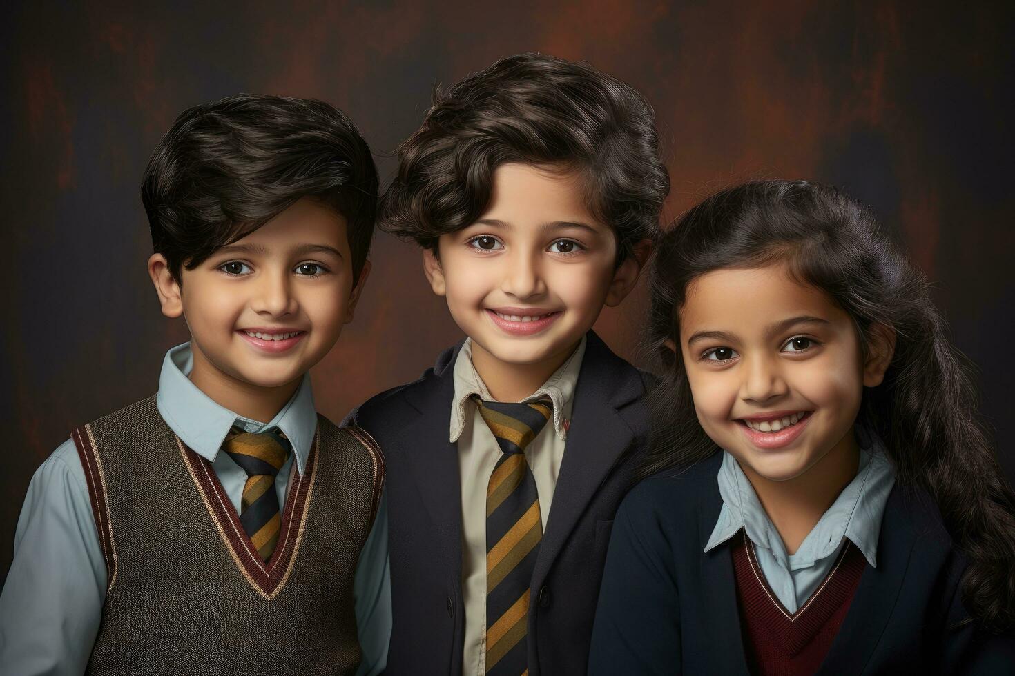 retrato do feliz escolares dentro uniforme em Sombrio fundo. Educação conceito, retrato do feliz jovem alunos, ai gerado foto