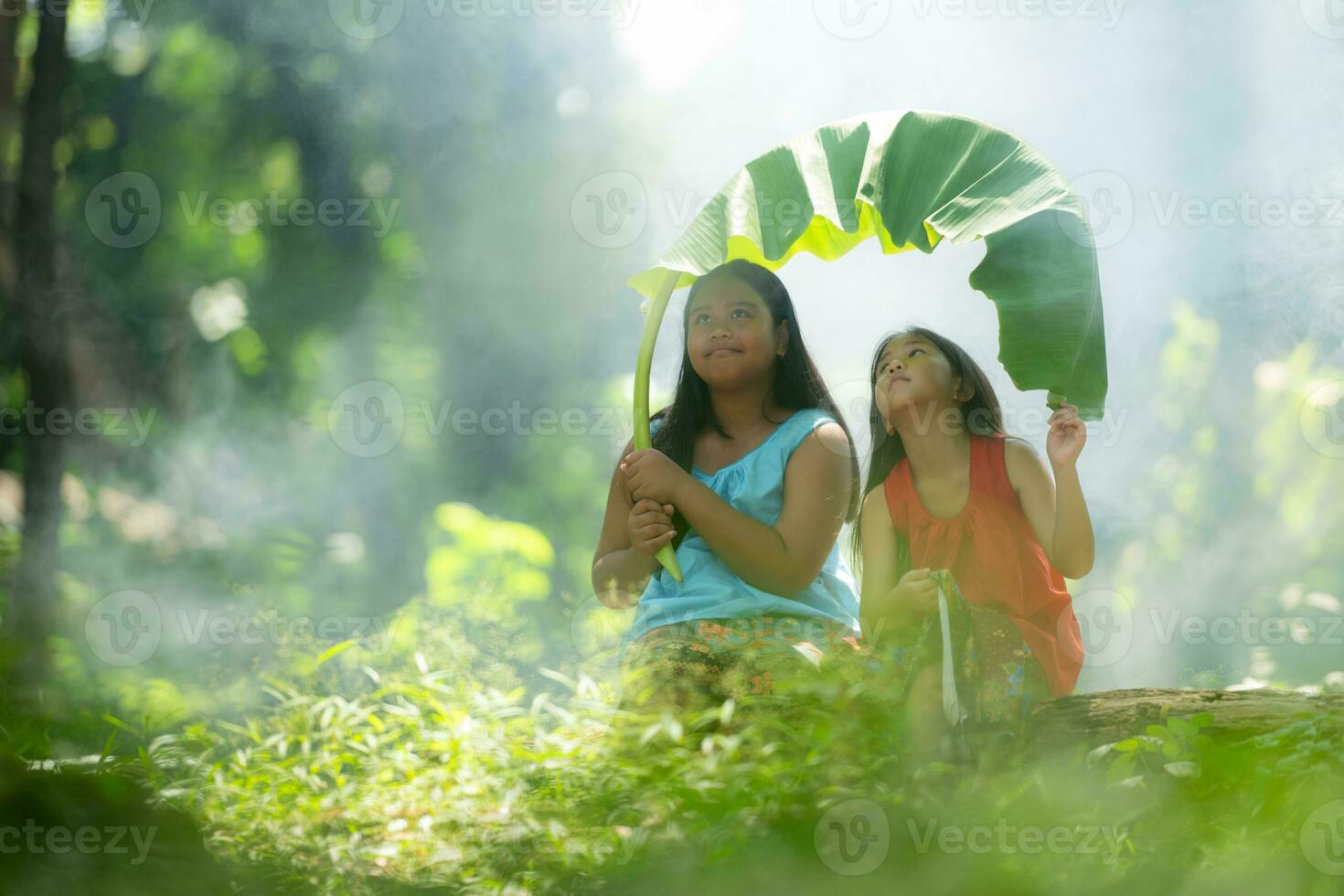 dois meninas ásia mulheres com tradicional roupas ficar de pé teve Diversão jogando juntos dentro a floresta tropical. foto