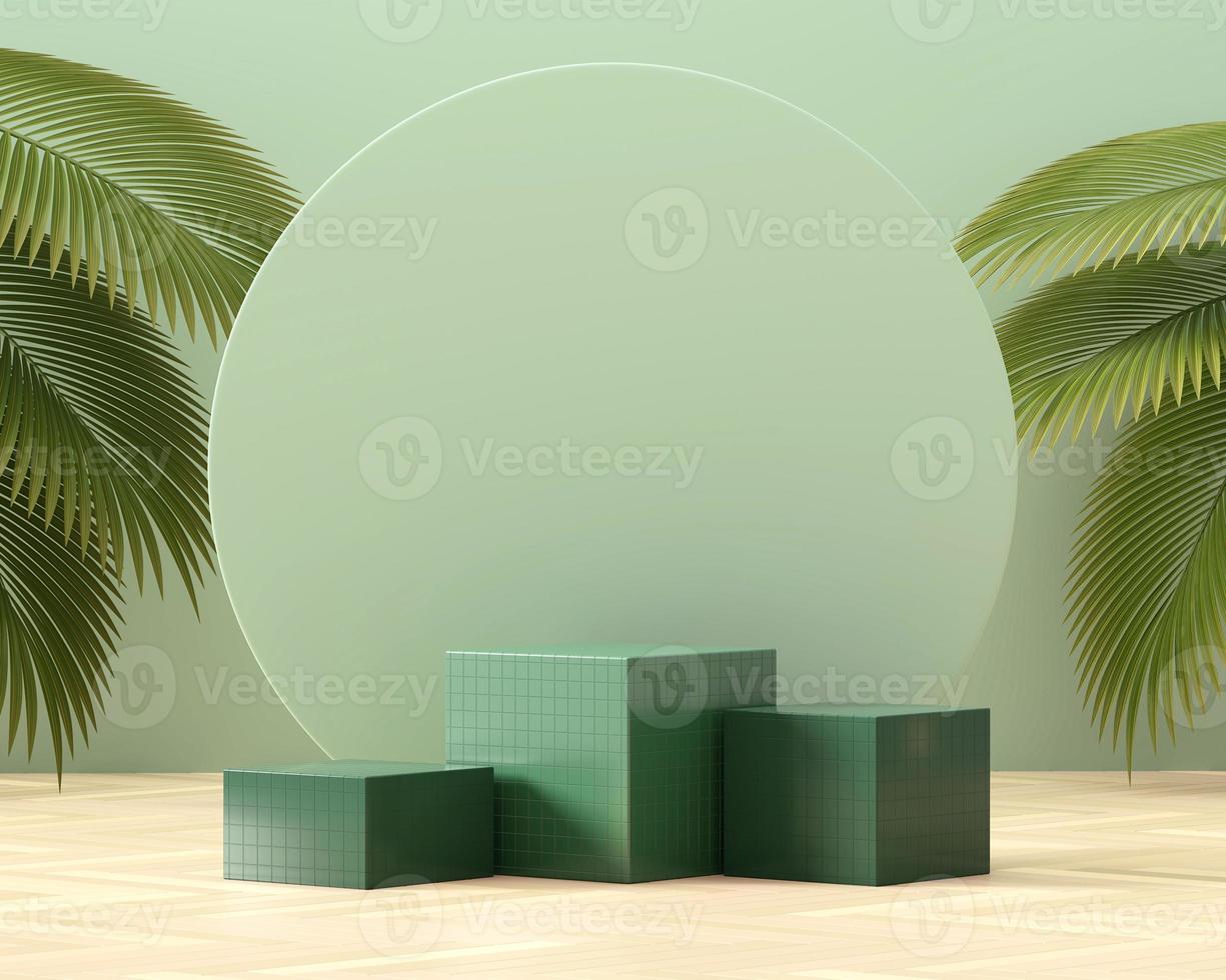 Pódio de cubos abstratos para exibição de produtos com folhas de palmeira renderização em 3D foto